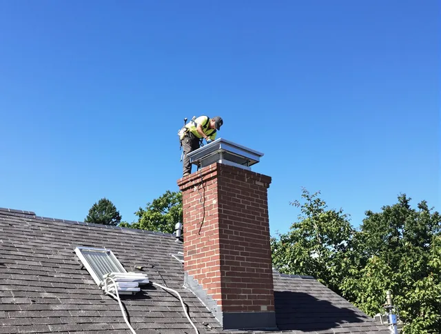 North Reading Chimney Sweep technician measuring a chimney cap in North Reading, MA