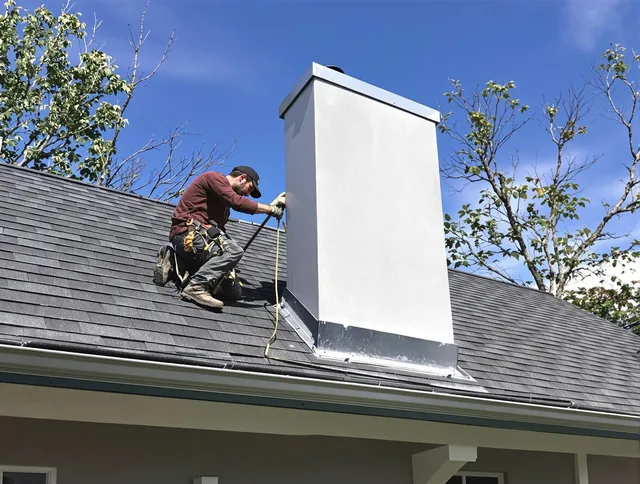 North Reading Chimney Sweep team member finishing chimney construction in North Reading, MA