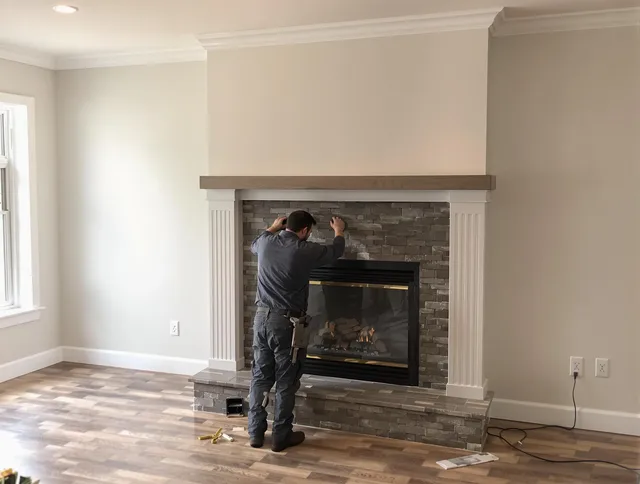 North Reading Chimney Sweep finishing a custom fireplace install in North Reading, MA